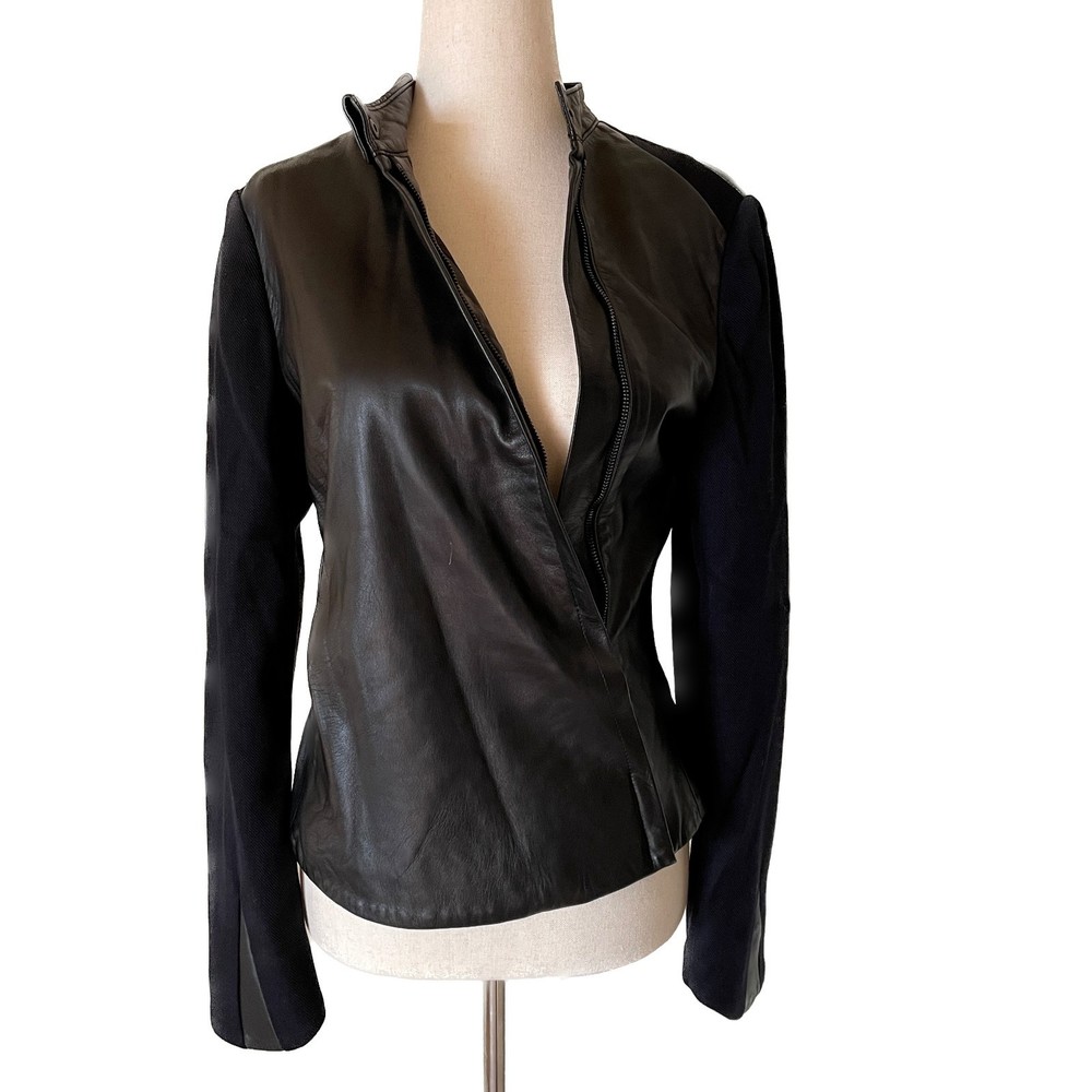 RAG & BONE Black Leather Jacket Asymmetrical Zipper, Wool Sleeves, Size 6